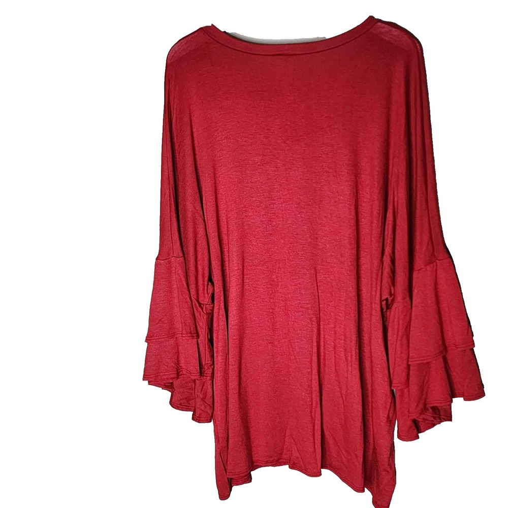 Acting Pro Brick Red Top Bell Sleeve Ruffles Boho Round Neck Casual Pullover XL - Picture 2 of 7
